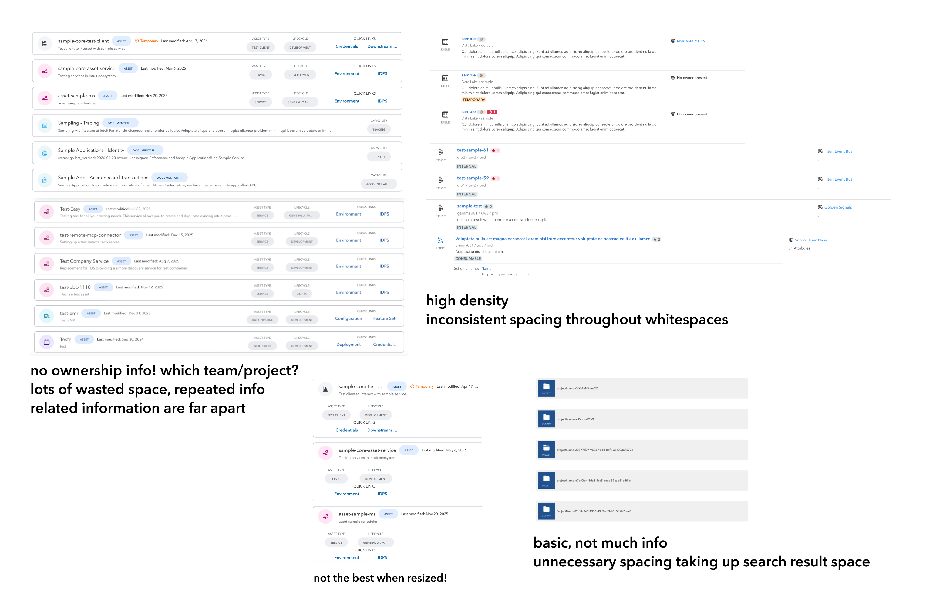 Three product search surfaces side by side, annotated with their problems: high density and inconsistent spacing; wasted space, repeated info, no ownership; and basic with too little info and unnecessary spacing