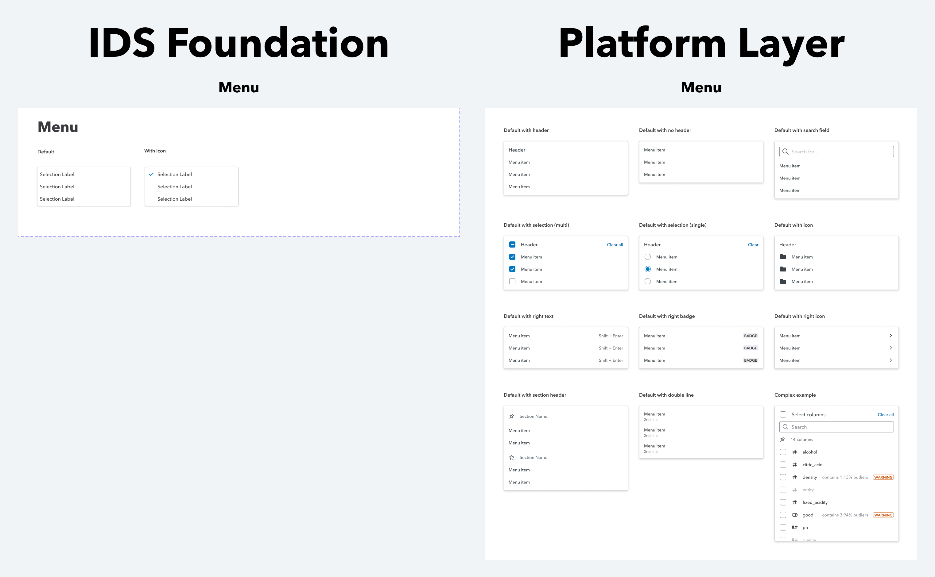 Base IDS Menu component compared to our extended platform layer