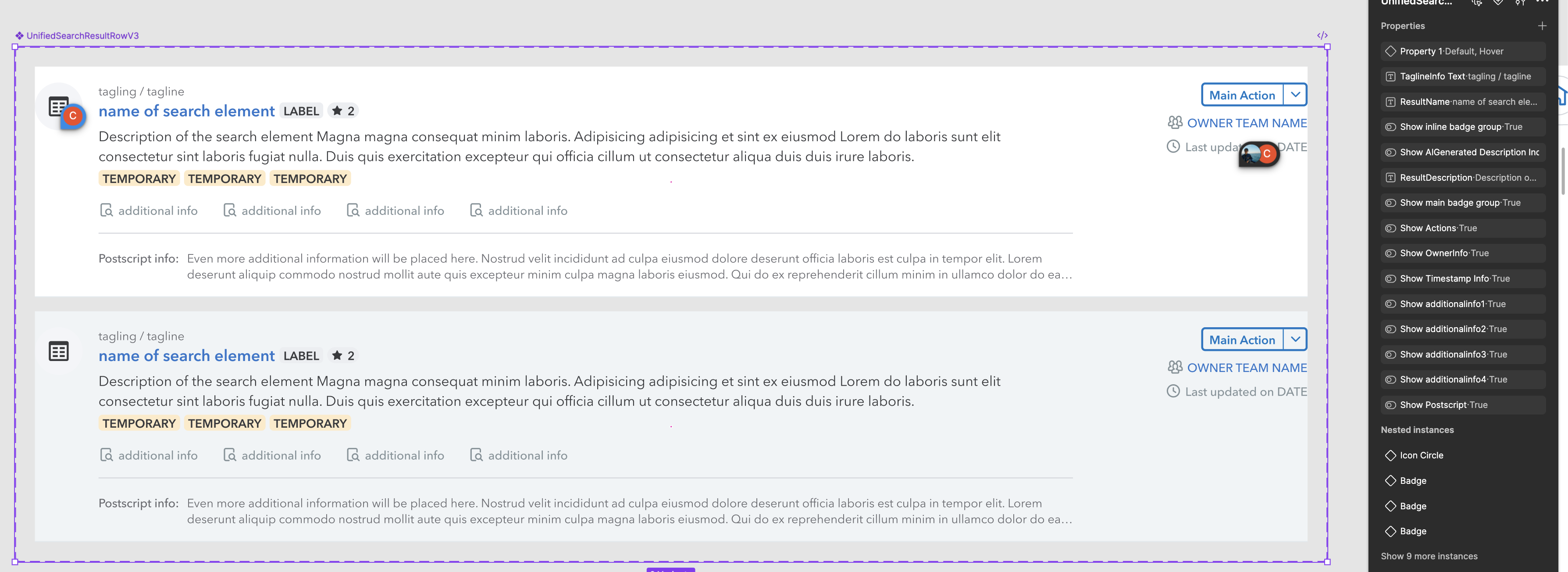 UnifiedSearchResultRowV3 in Figma with its full property set — badge groups, AI-generated description, owner info, timestamp, four additional info slots, postscript, and actions, each toggleable