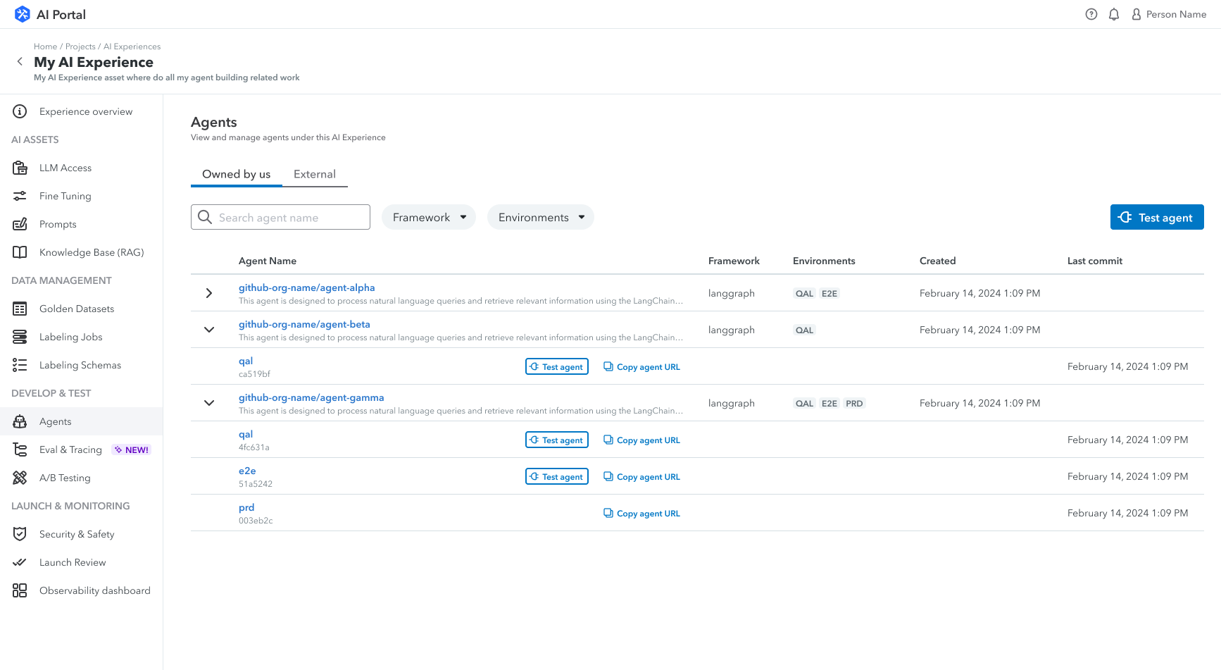 Agents page showing agents owned by the user and external agents, with environment tags and Test agent action