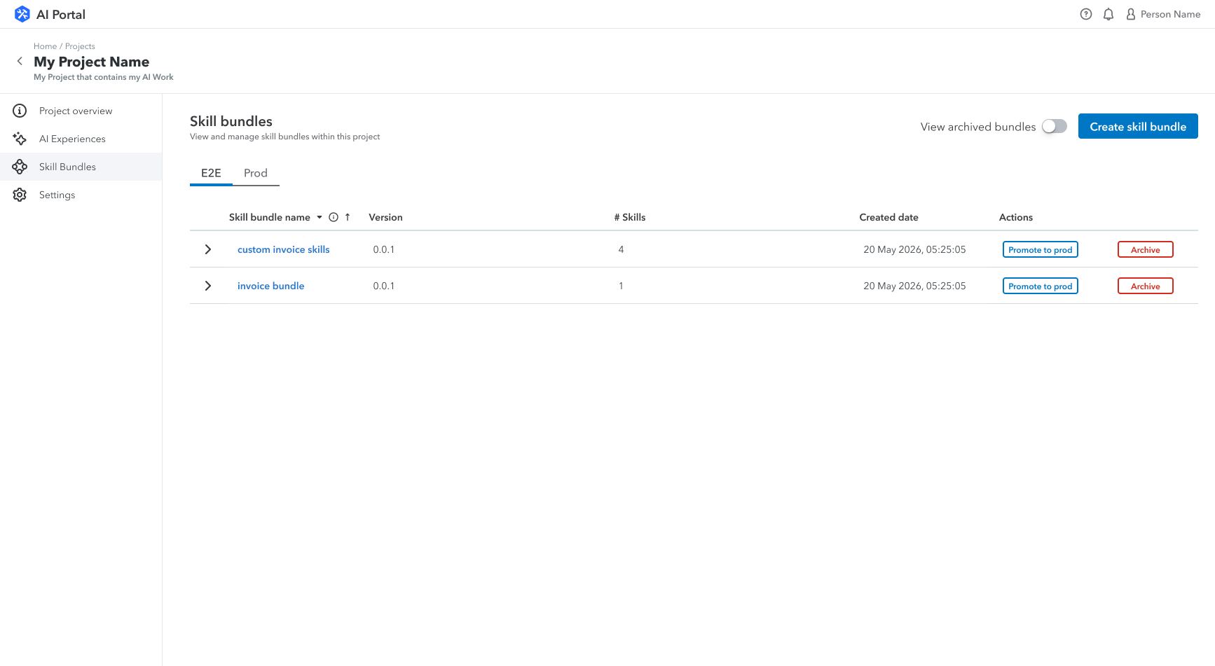 Skill bundles tab on a project page showing E2E and Prod environments with Promote to prod and Archive actions