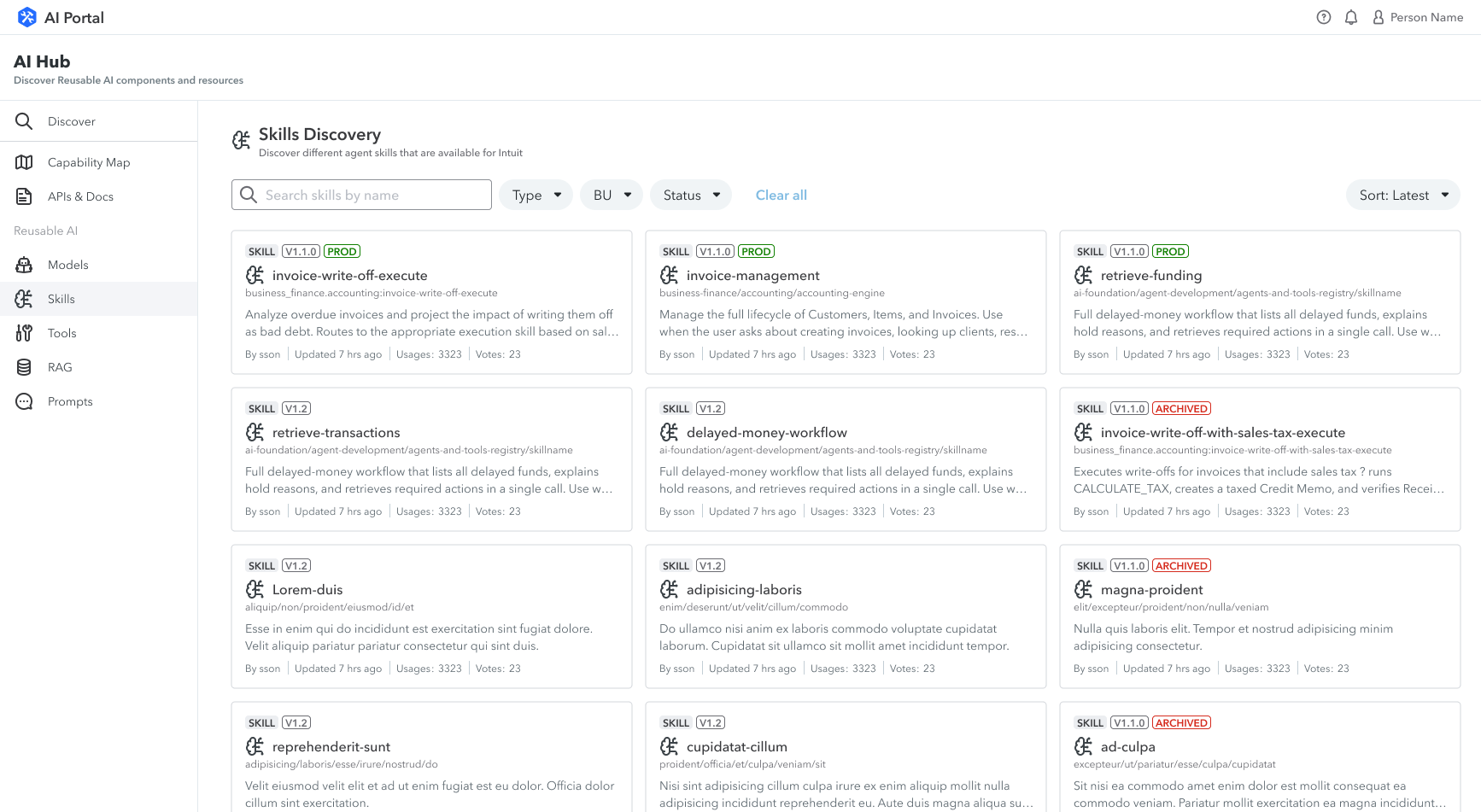Skills Discovery catalog page in AI Hub with filter chips and skill cards