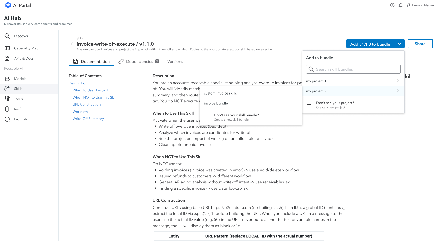 Skills details page in AI Hub with skill info