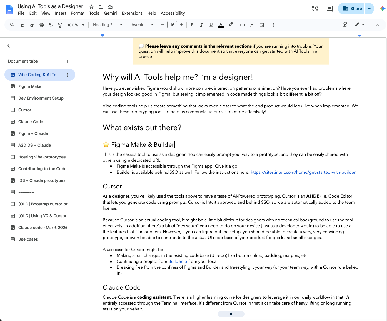 Enablement guide document — multi-section table of contents covering Figma Make, Cursor, Claude Code, and contributing to the codebase